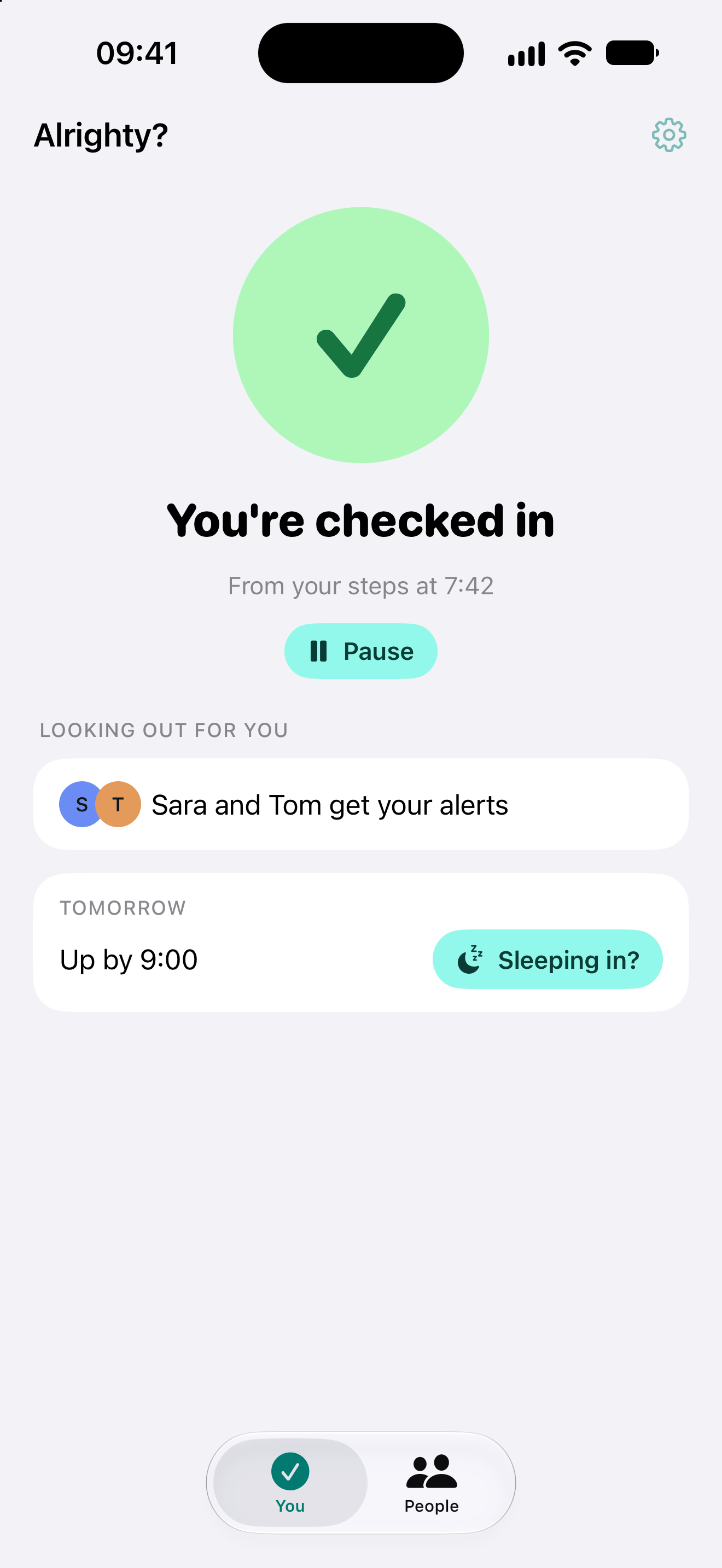 Alrighty? in light mode: You're checked in, from your steps at 7:42, with Sara and Tom getting your alerts