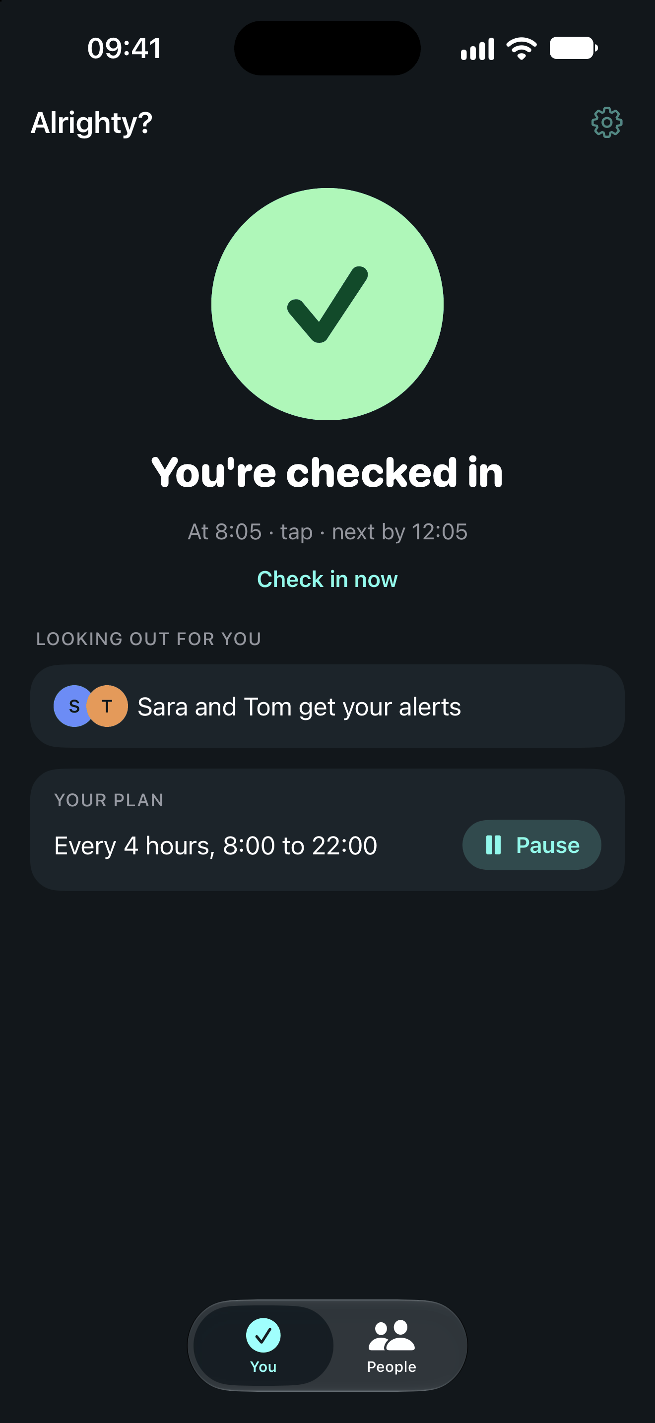 Alrighty? in dark mode on the every few hours plan: You're checked in, every 4 hours from 8:00 to 22:00