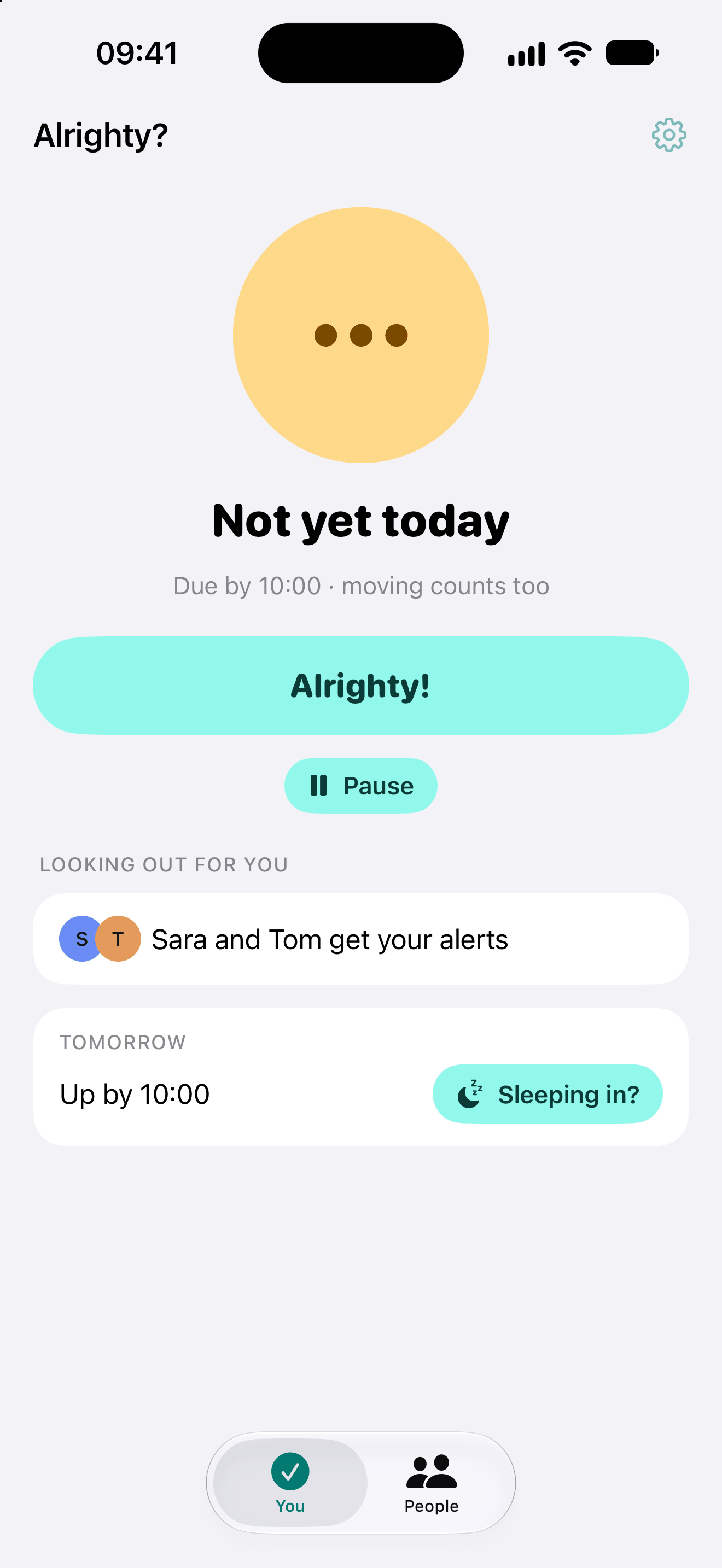 Alrighty? home screen in light mode: Not yet today, due by 10:00, moving counts too, with the Alrighty! button