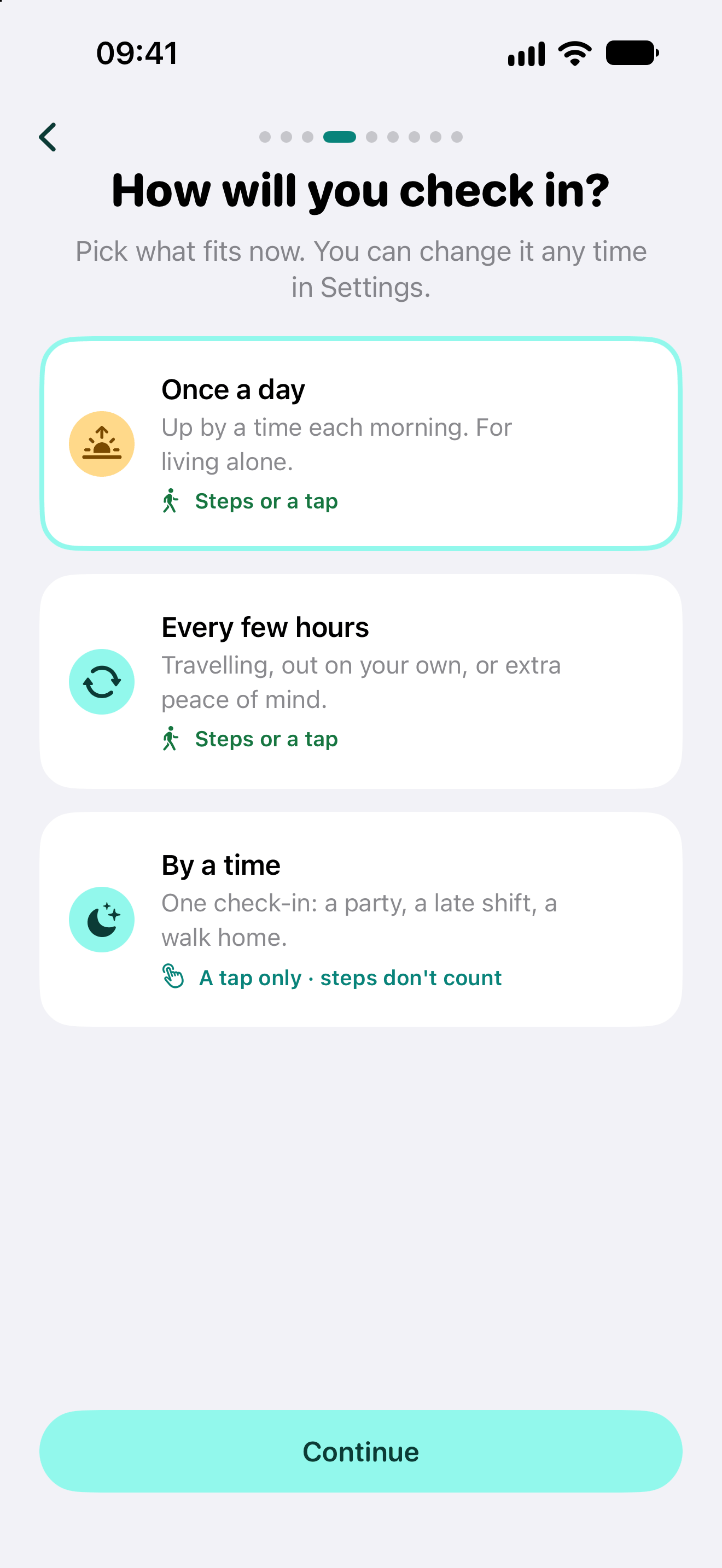 How will you check in? in Alrighty?: Once a day, Every few hours, or By a time