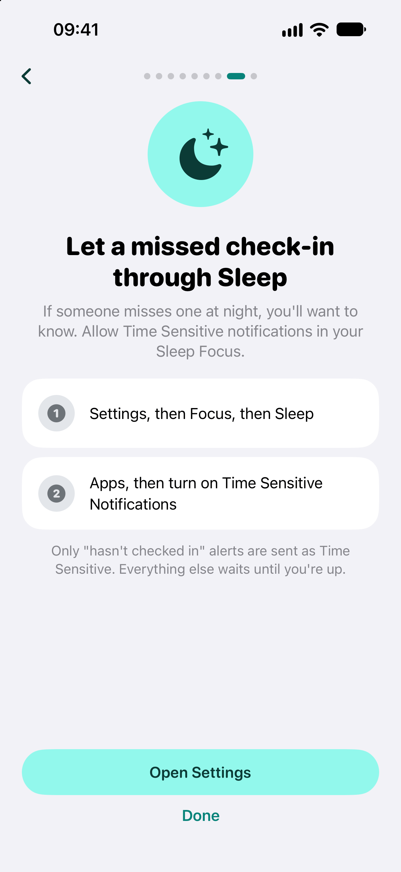 Let a missed check-in through Sleep: Settings, then Focus, then Sleep; Apps, then turn on Time Sensitive Notifications