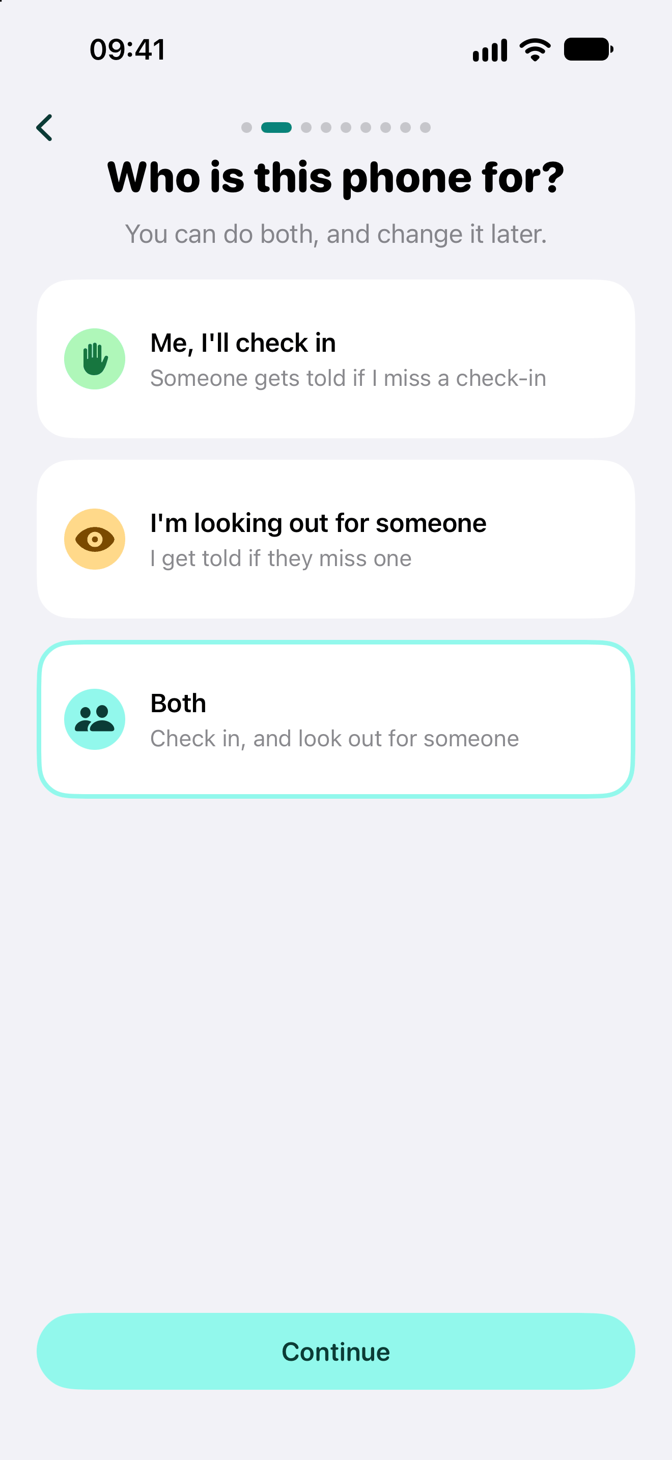 Who is this phone for? in Alrighty?: Me, I'll check in; I'm looking out for someone; Both