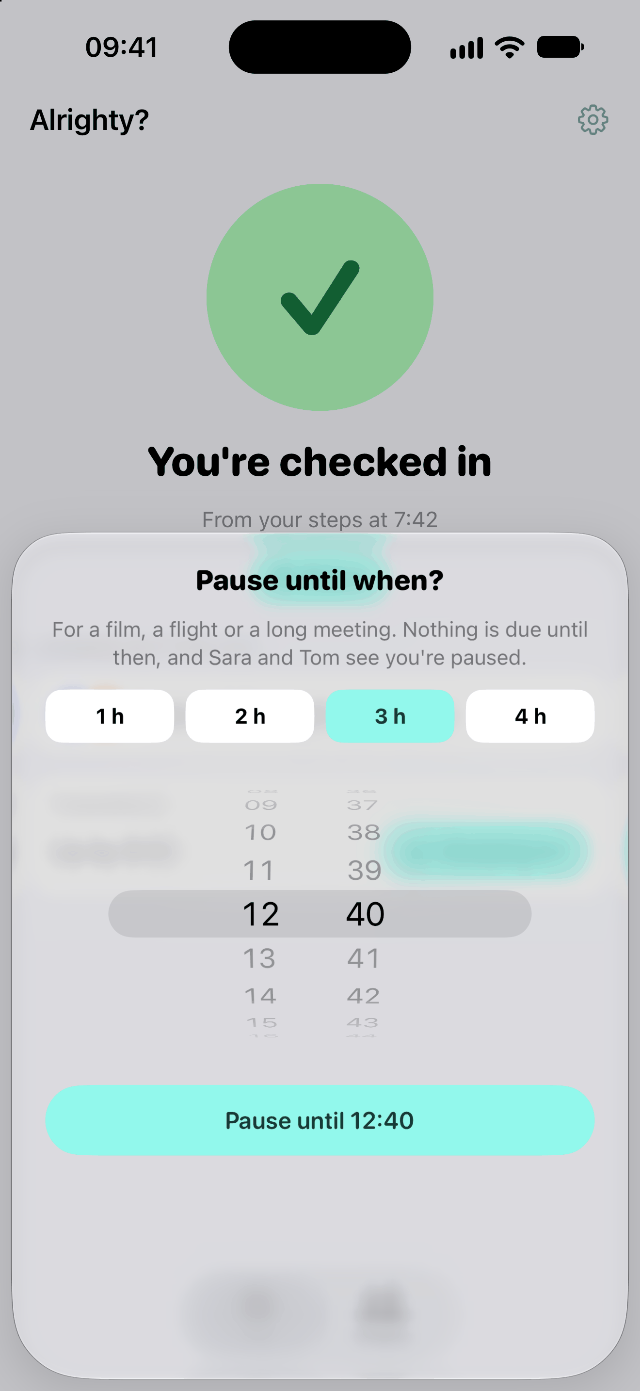 Pause until when? in Alrighty?: 1, 2, 3 or 4 hours, or a time, with Pause until 12:40