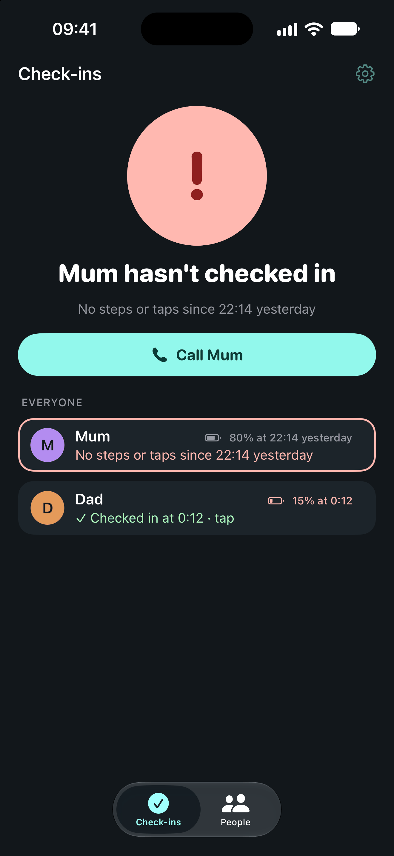 Alrighty? on the look-out side: Mum hasn't checked in, no steps or taps since 22:14 yesterday, with a Call Mum button