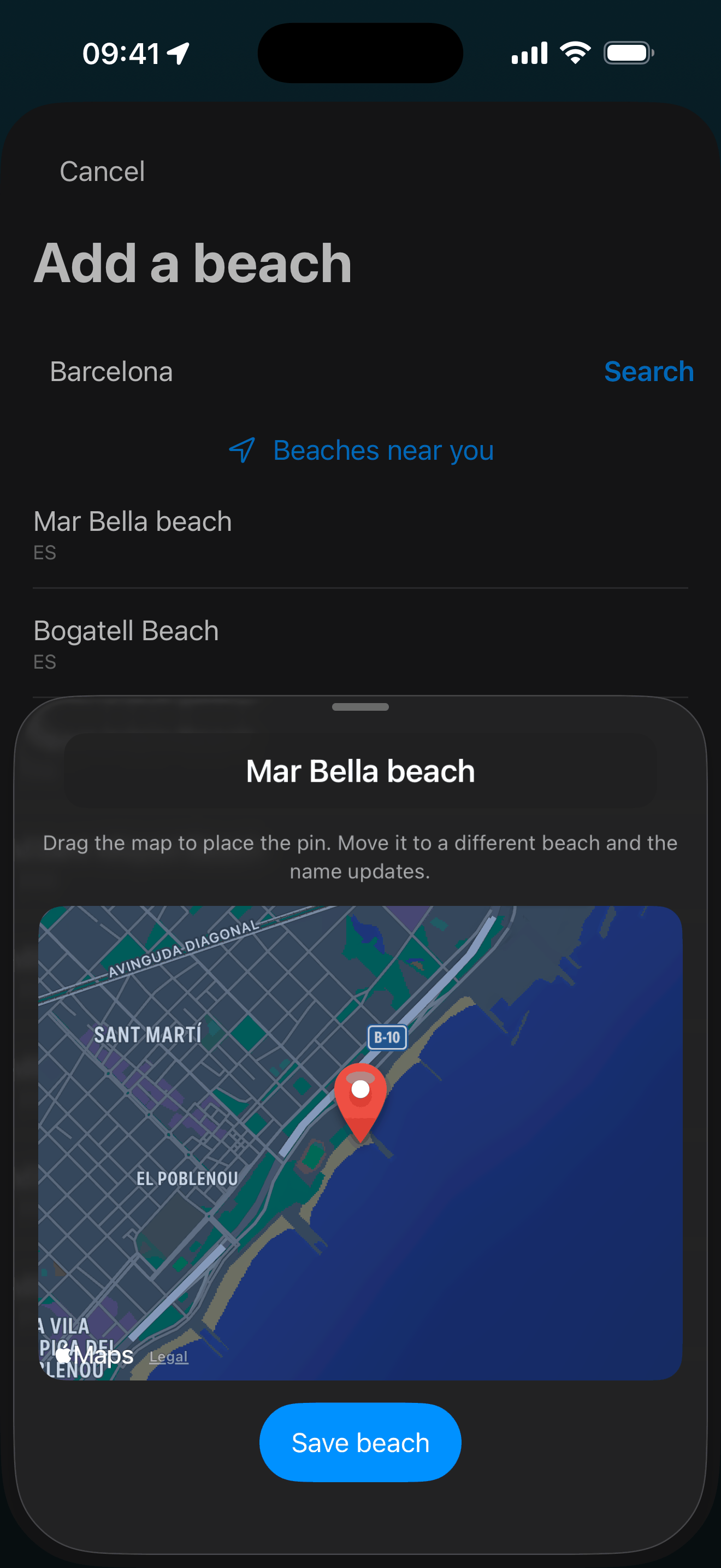 Searching for a beach and placing the pin in BeachSea