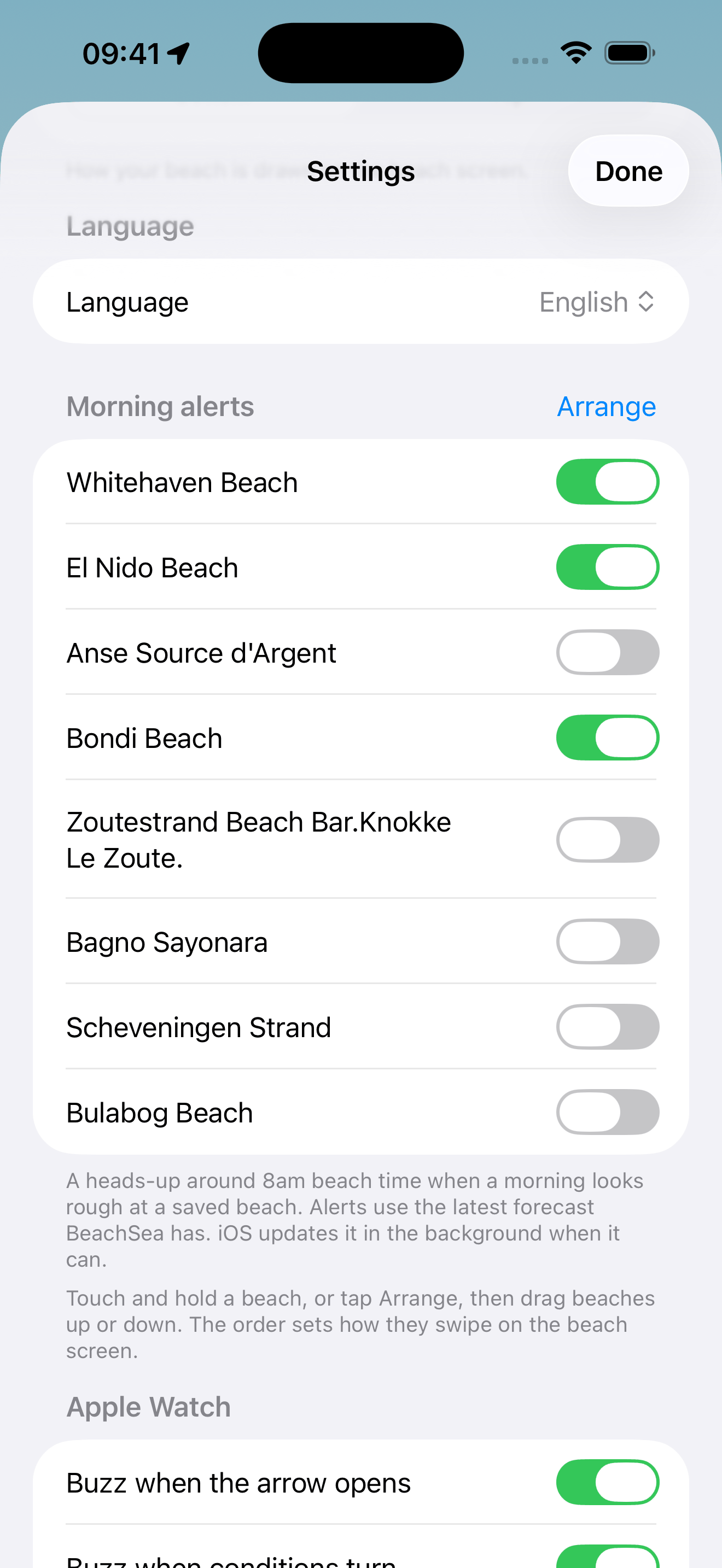 Turning on morning alerts per beach in BeachSea settings