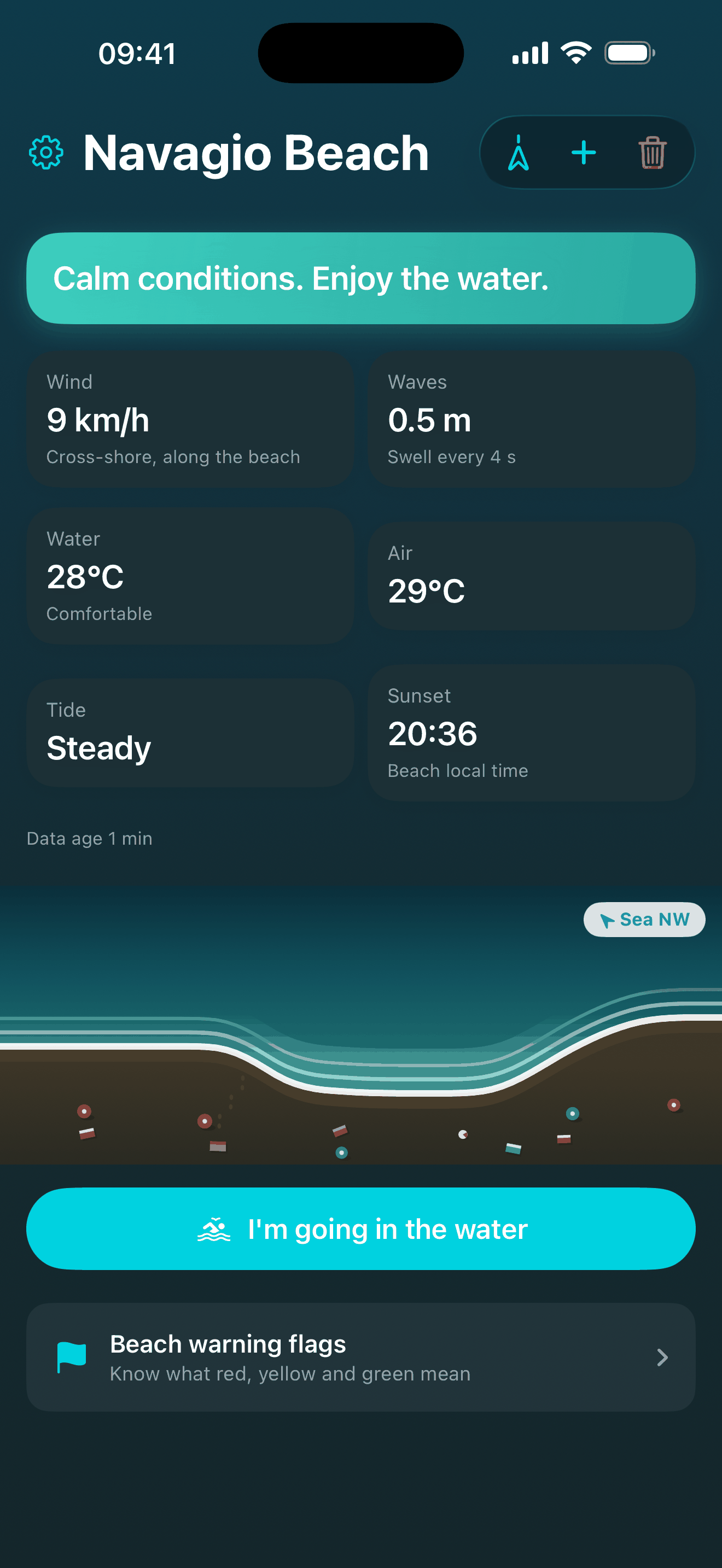 A calm beach in BeachSea, showing wind, waves, water temperature and sunset