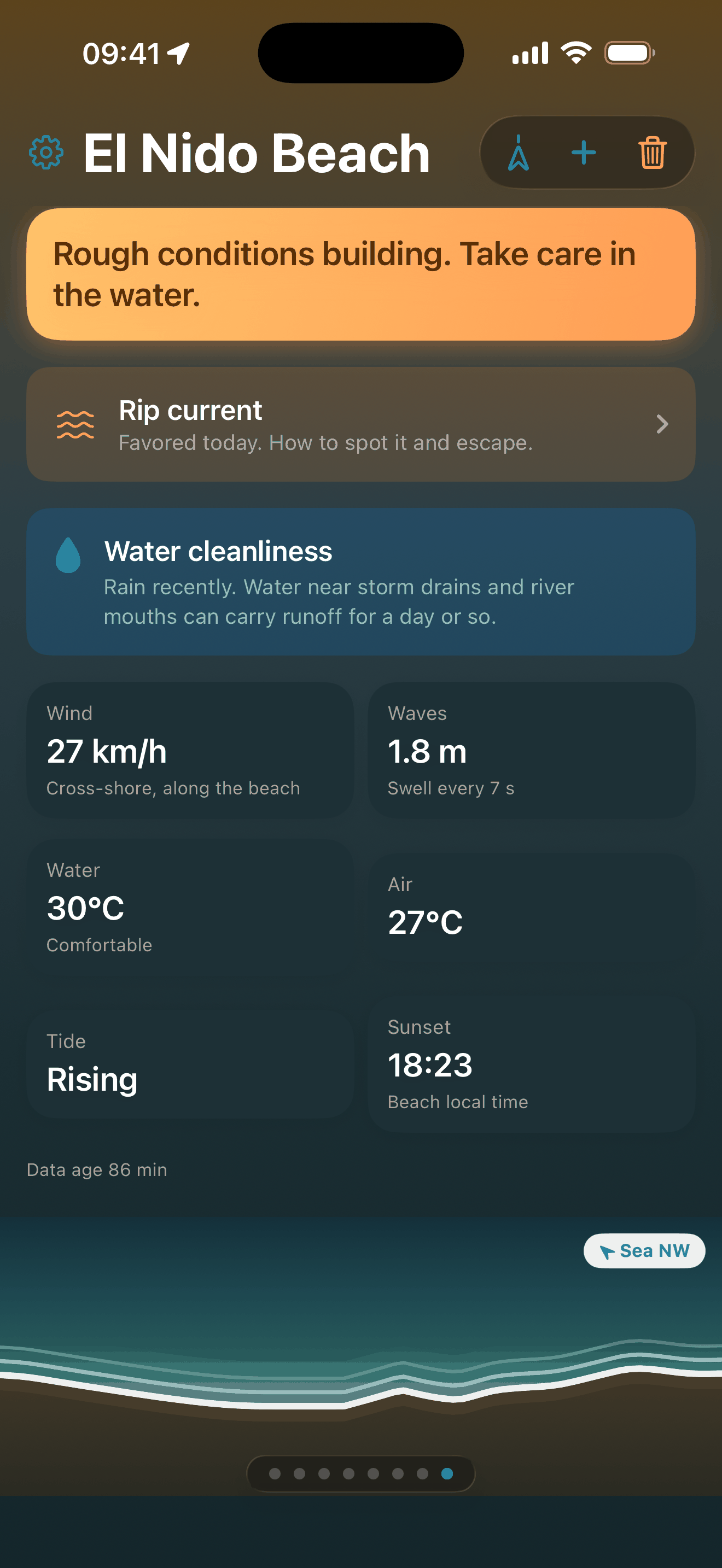 BeachSea showing a water cleanliness card under a rough conditions banner and a rip current card