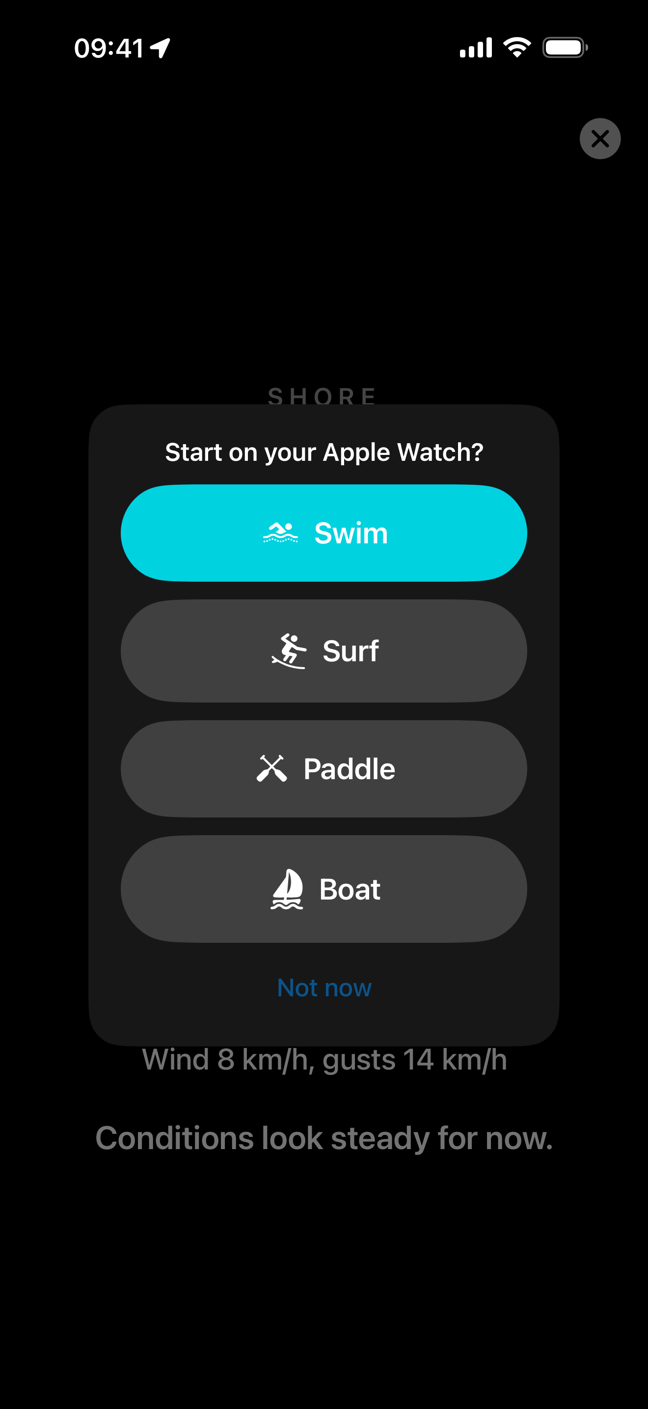 Starting an Apple Watch session from the BeachSea in-water screen