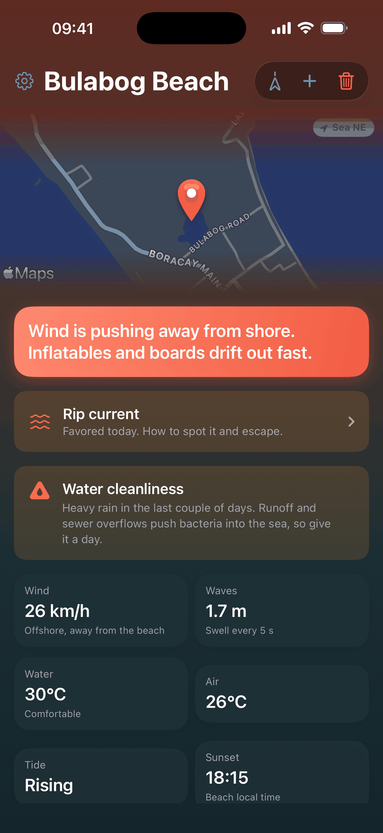 BeachSea warning that the wind is pushing away from shore