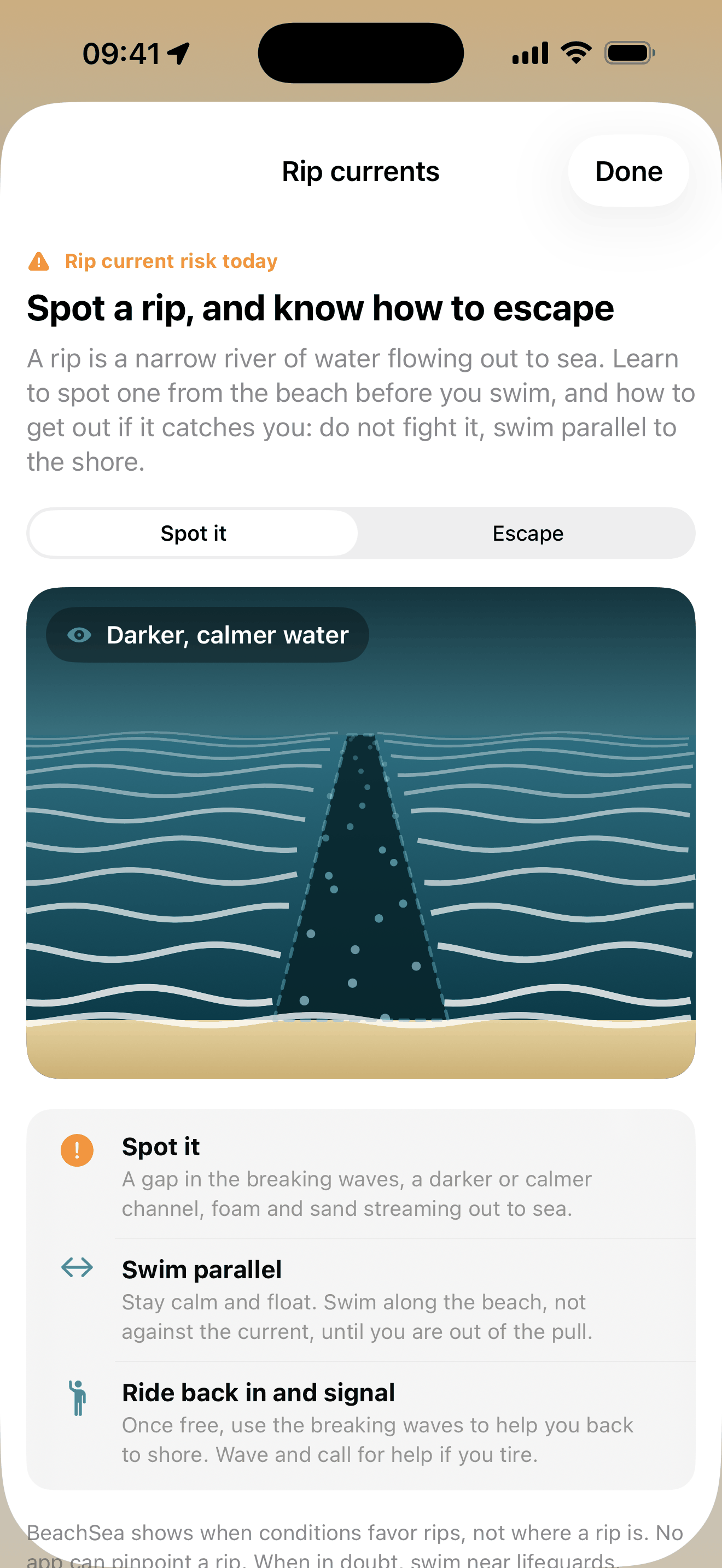 The BeachSea rip current explainer, showing how to spot a rip from the beach