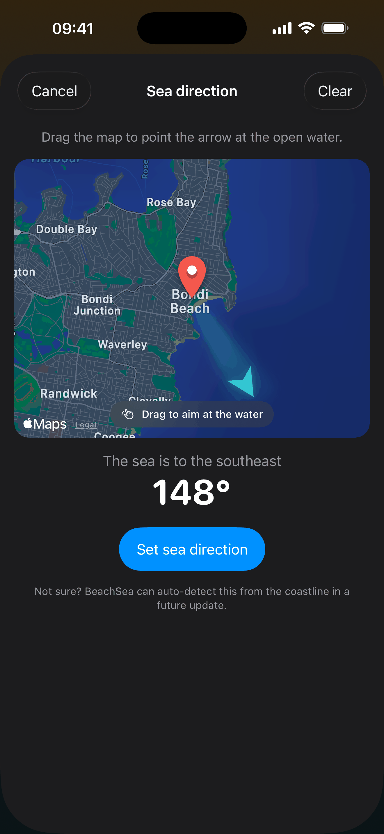 Dragging the map to point the arrow at the open water in BeachSea