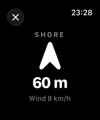 The BeachSea watch app pointing back to shore, 60 m away