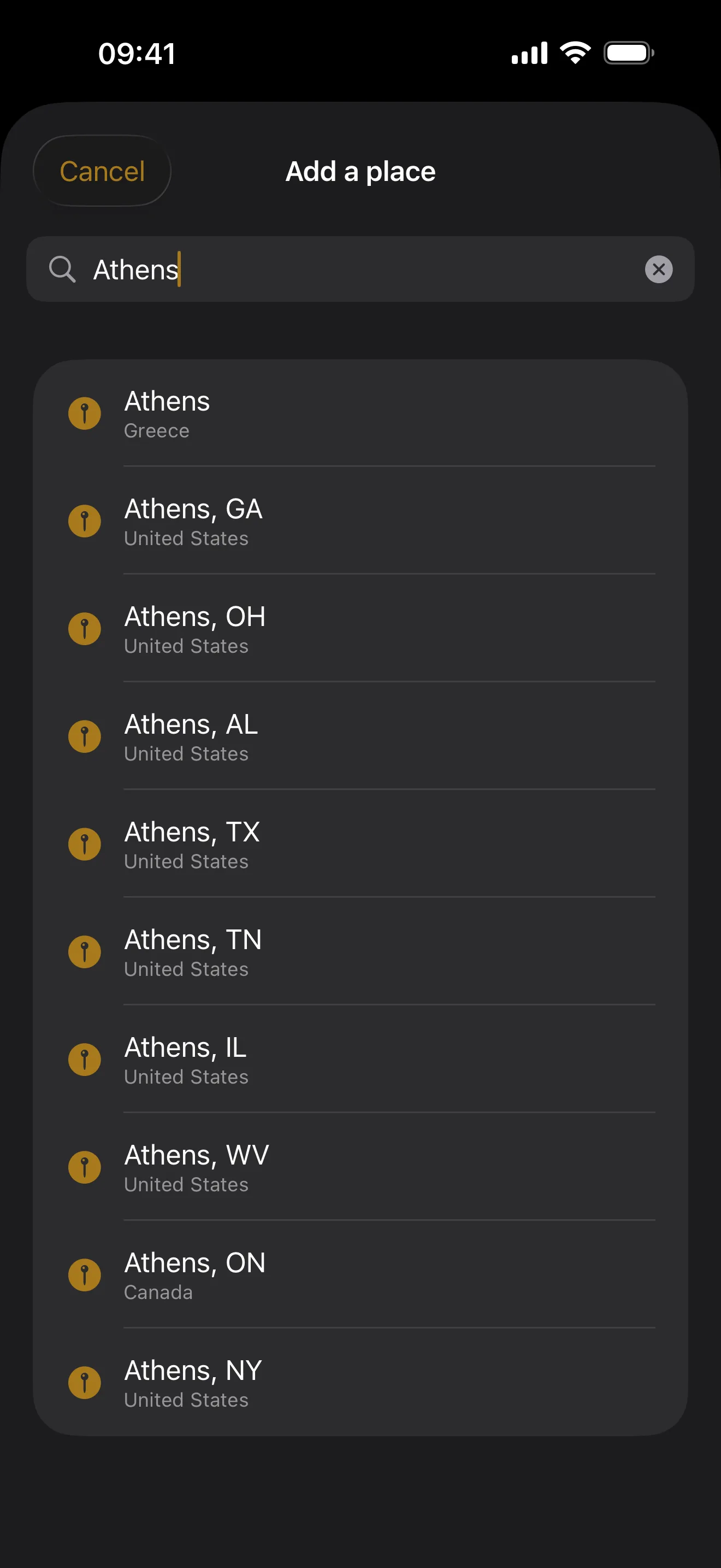 The Add a place sheet in LiveTerra, with Athens typed and the matching places listed
