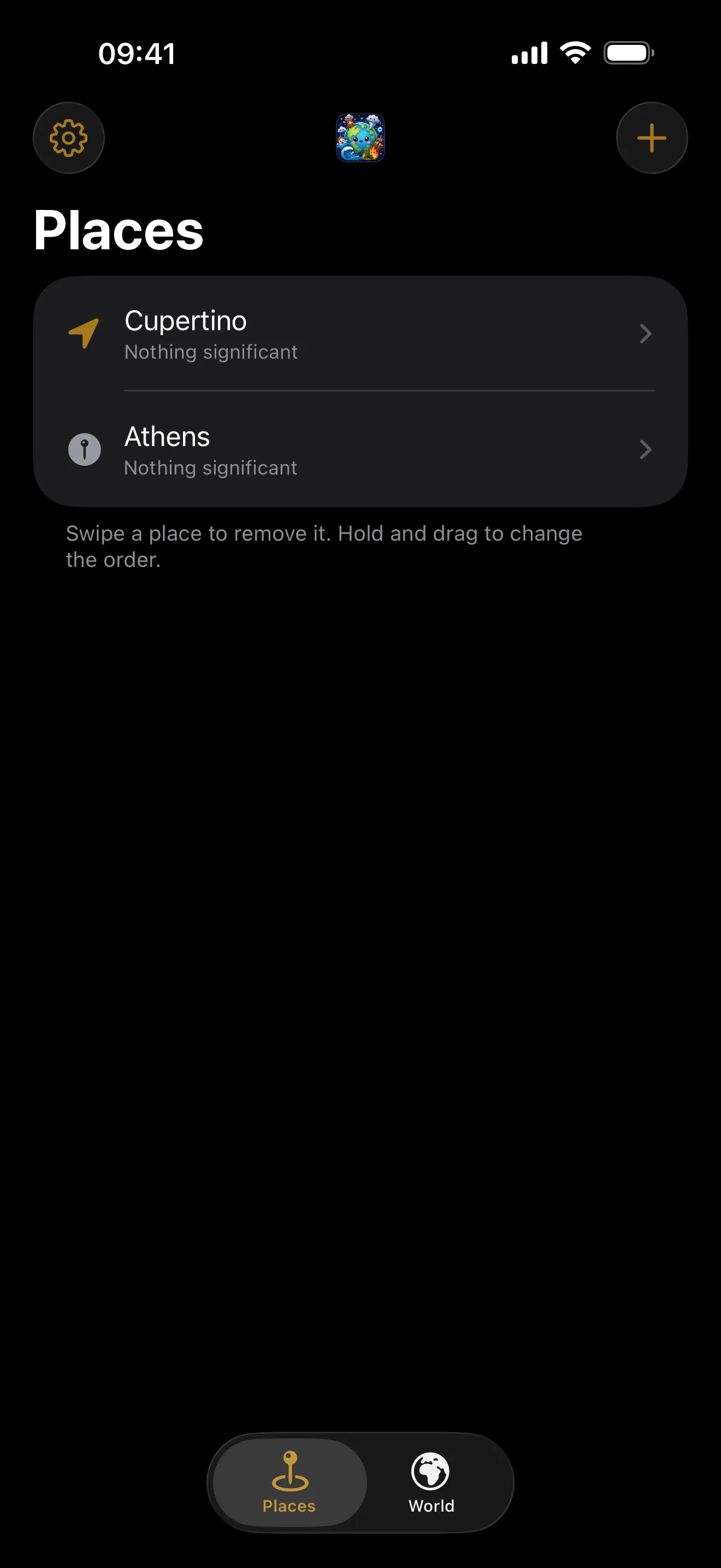 The Places list in LiveTerra with your own position, marked by an arrow, pinned above Athens