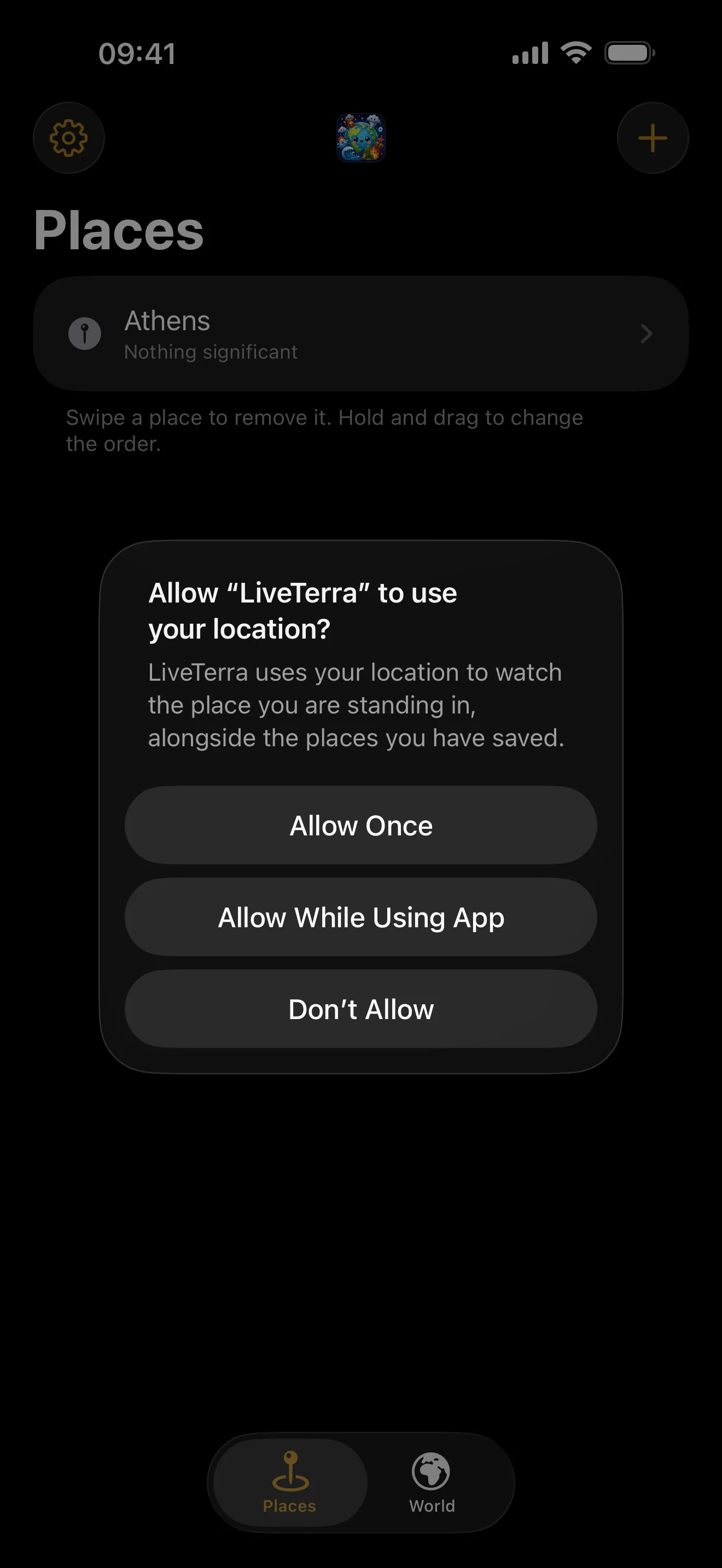 The location permission prompt in LiveTerra, asking to use your location only while using the app