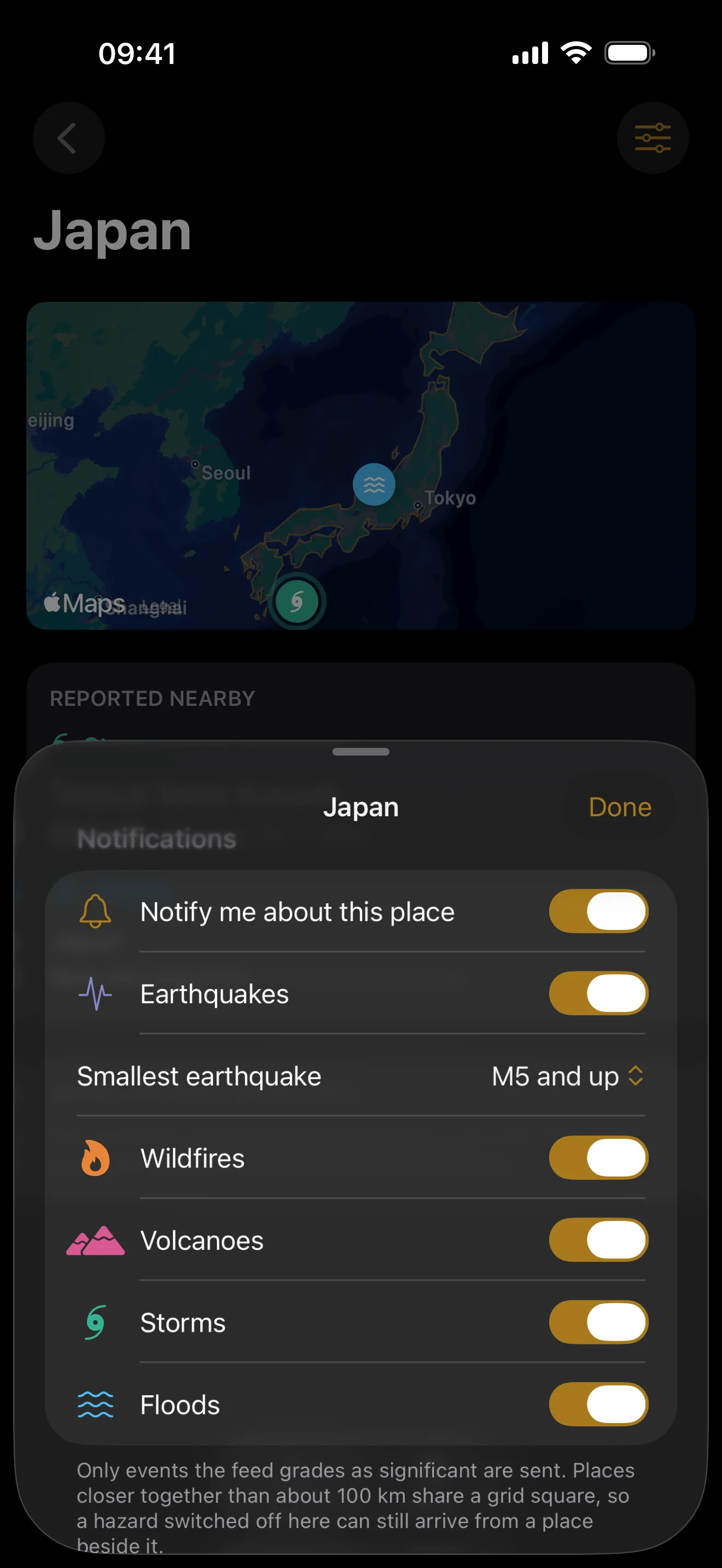The notification switches for Japan in LiveTerra: one per hazard, and the smallest earthquake set to M5 and up
