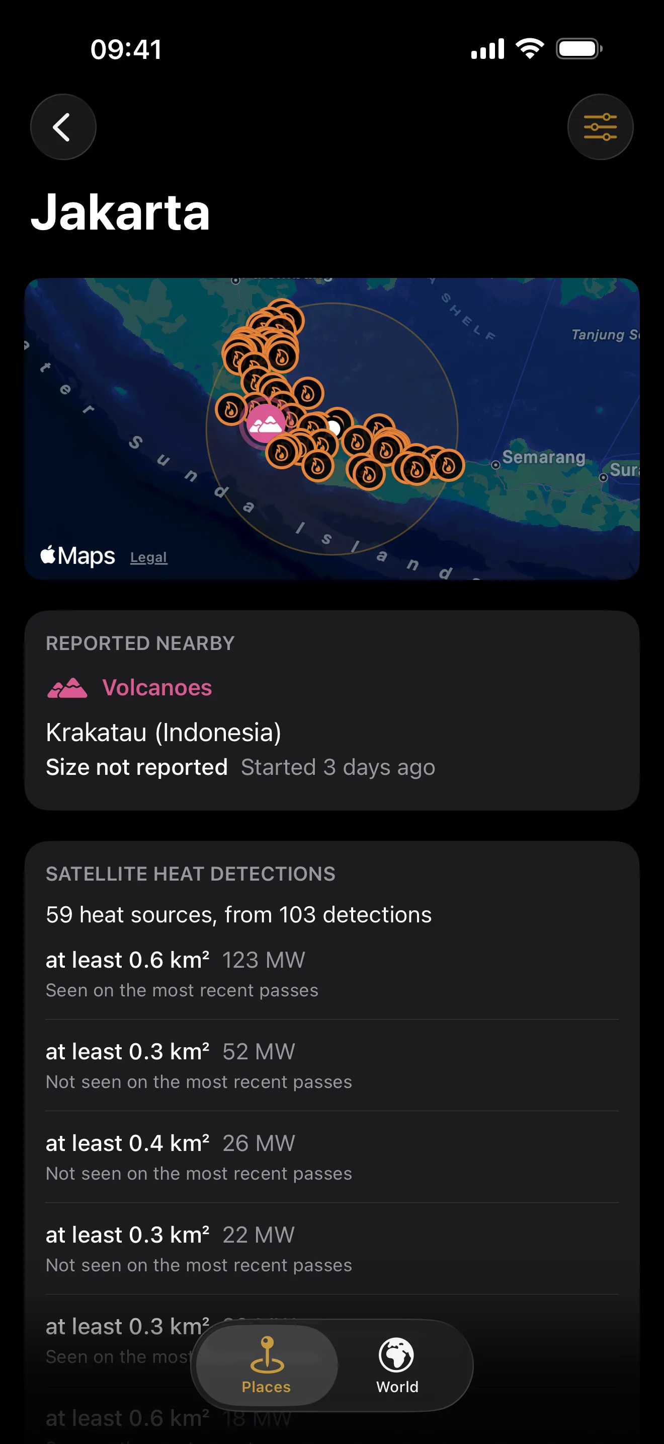 A place screen for Jakarta in LiveTerra, with the events reported nearby and the satellite heat detections listed below them