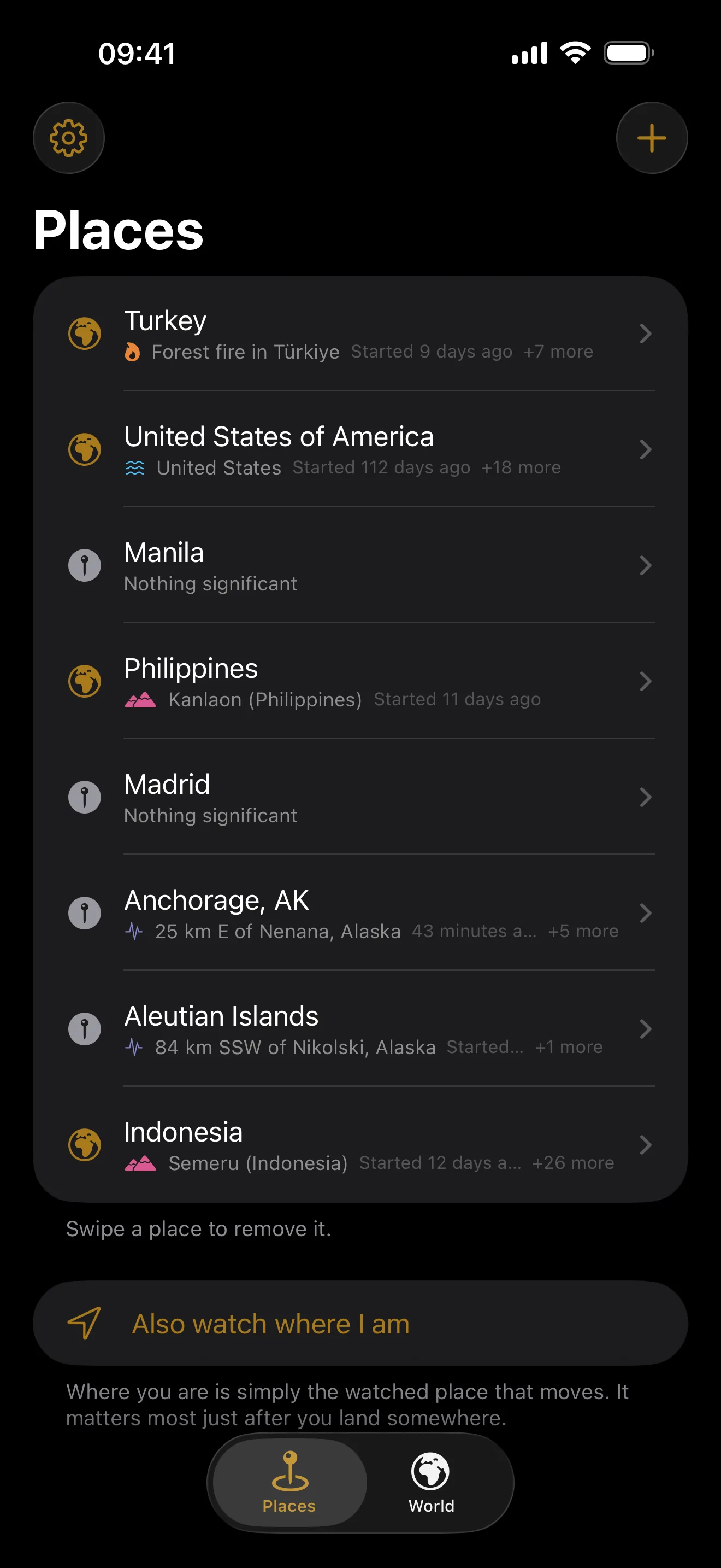 The Places list in LiveTerra, each place with a line saying what is reported near it