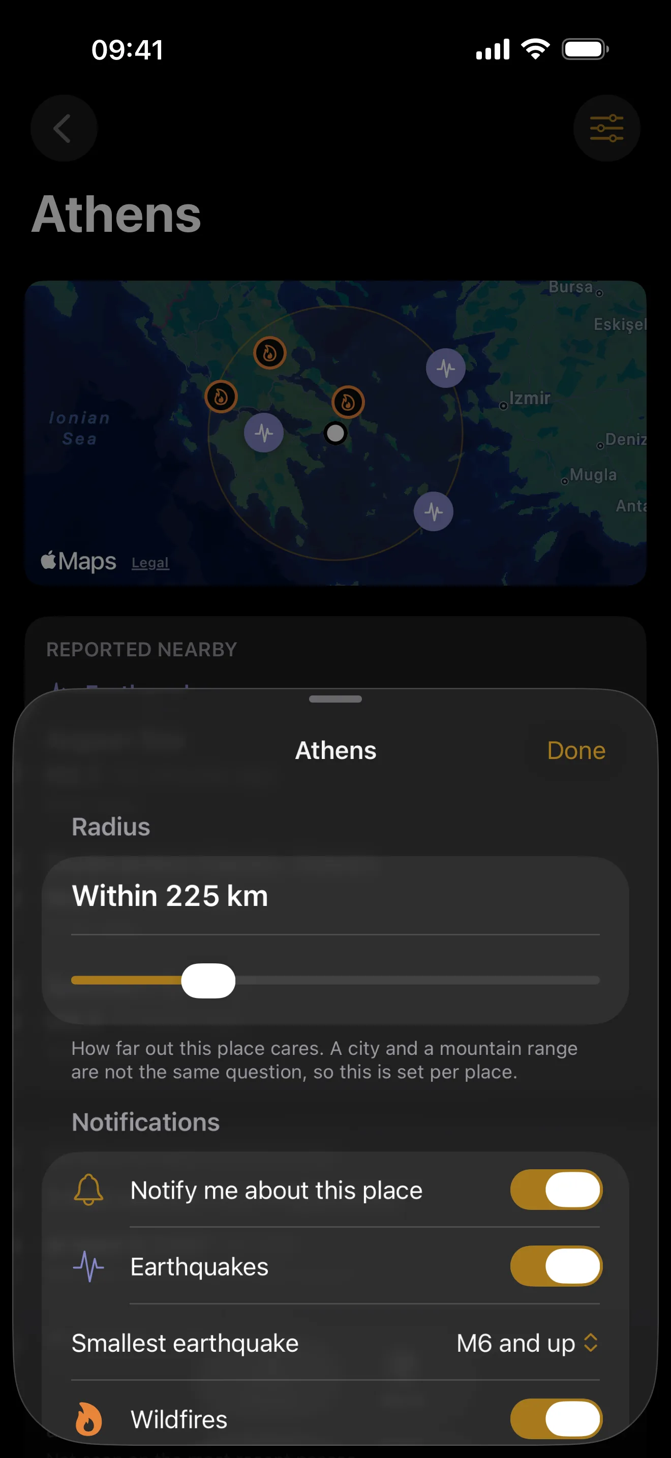 A place's settings sheet in LiveTerra, with the radius slider set to 225 km above the notification switches