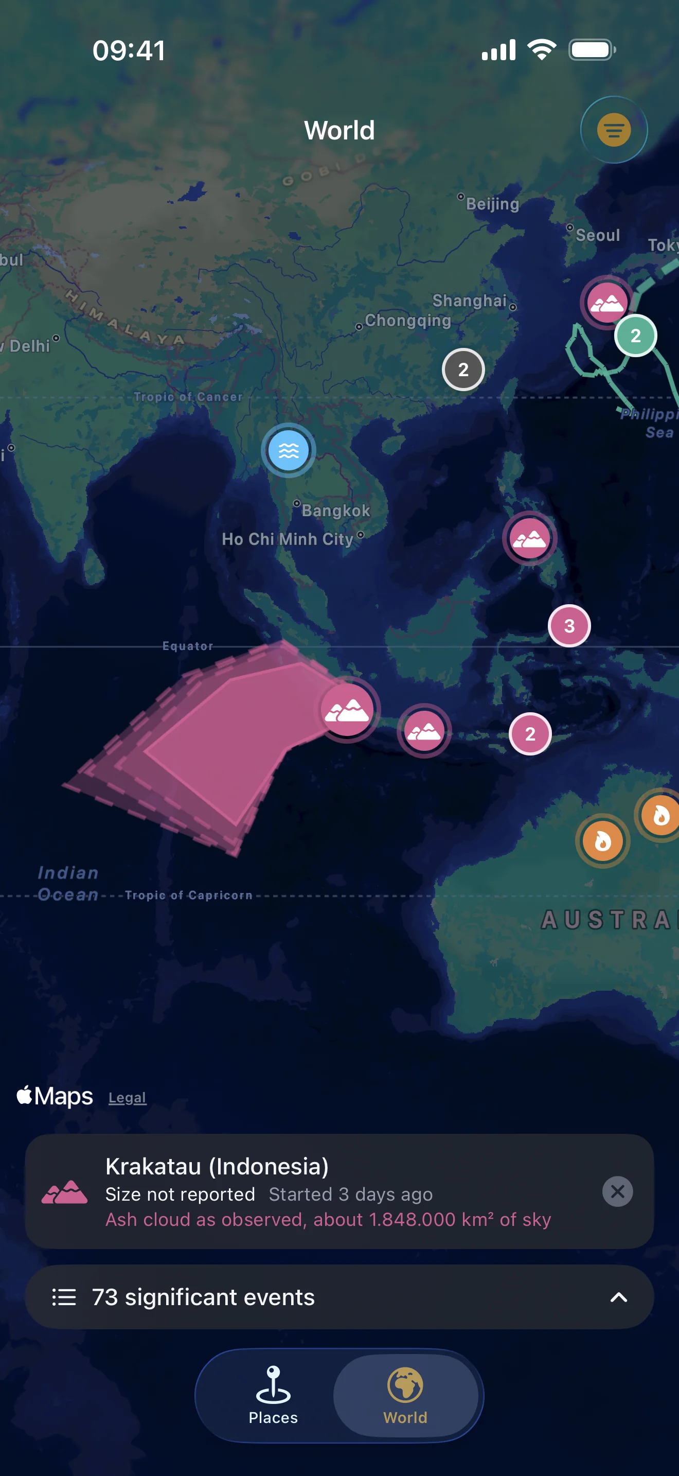 The World tab in LiveTerra, with events across the world drawn on one map
